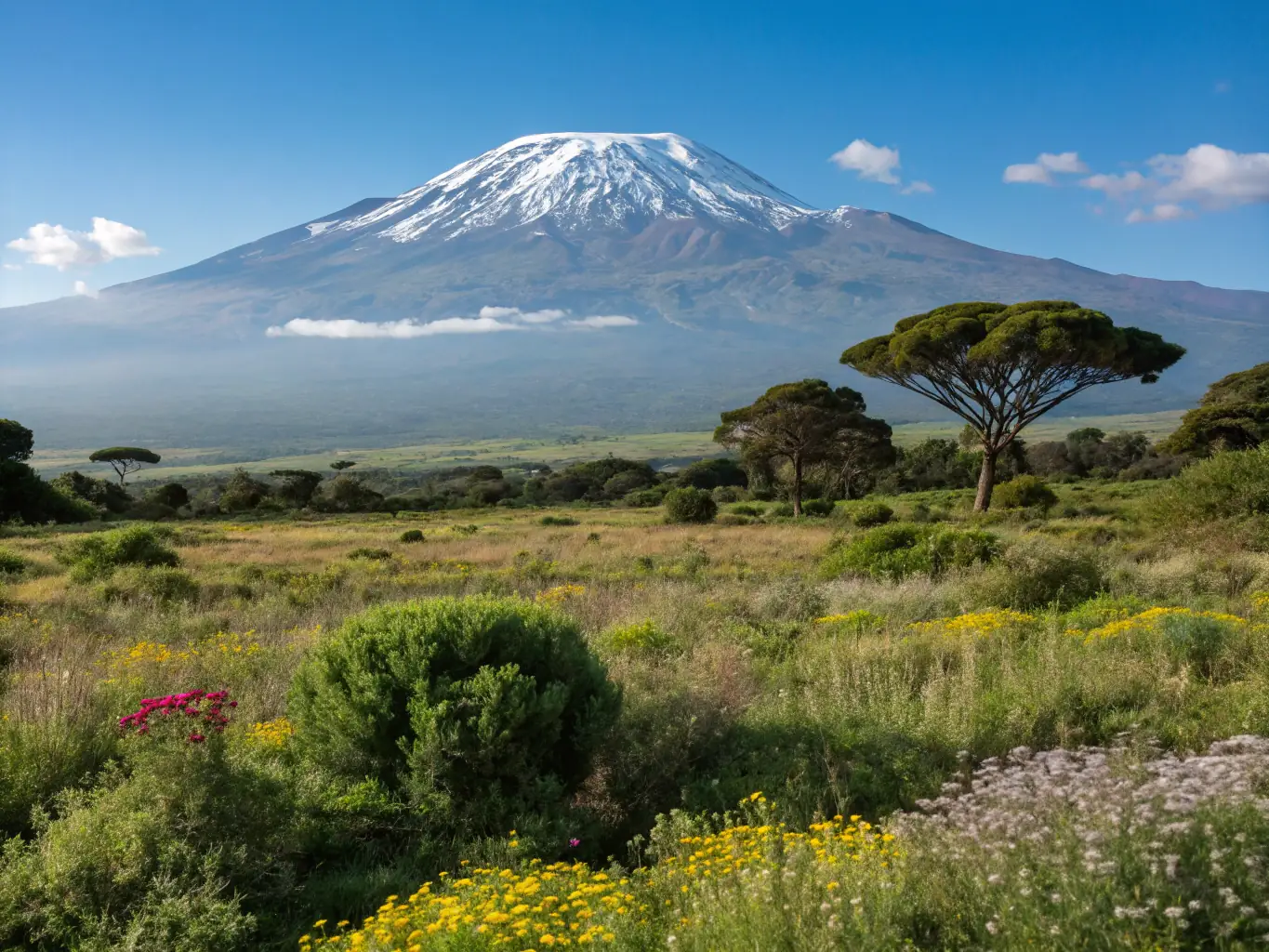 A close-up shot of Mount Kilimanjaro's snow-capped peak, framed by lush green vegetation in the foreground.