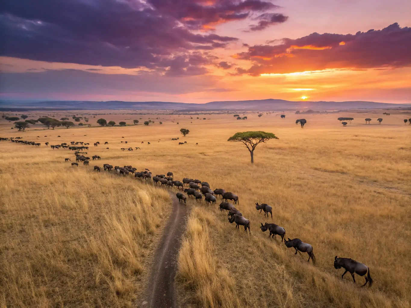 A panoramic view of the Serengeti plains at dawn, with a hot air balloon drifting across the horizon and herds of wildebeest grazing below.