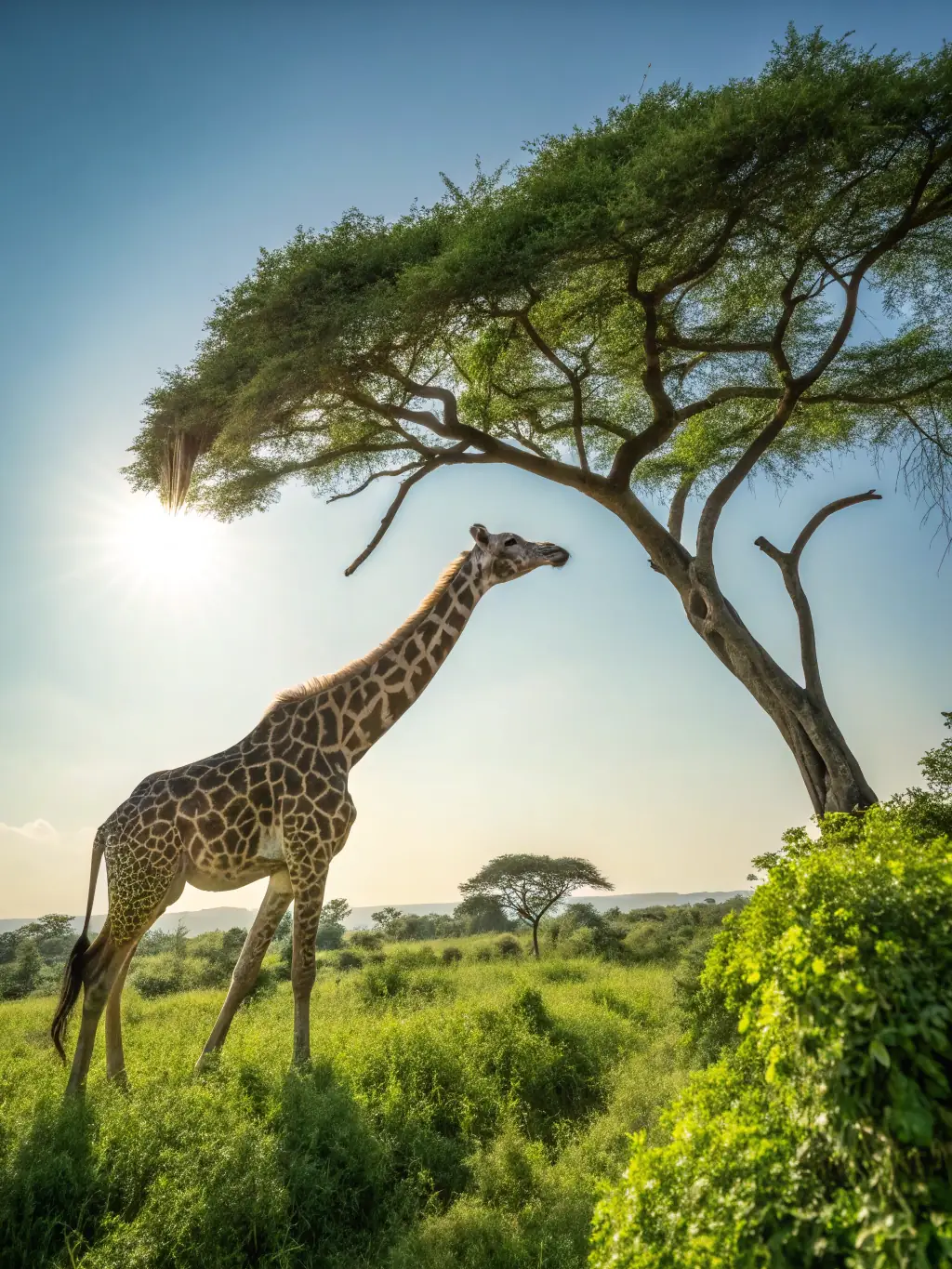 A close-up shot of a giraffe gracefully feeding on acacia trees in Tarangire National Park, highlighting the park's diverse landscapes and abundant wildlife.