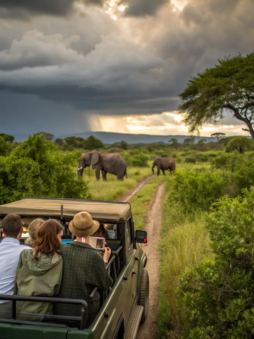 A group of tourists in a 4x4 vehicle observing elephants at a watering hole in Tarangire National Park during a day trip.
