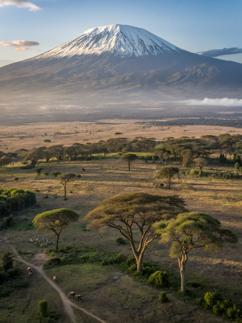 A picturesque image of Mount Kilimanjaro towering over the Amboseli National Park, with zebras grazing in the foreground, capturing the iconic African landscape.